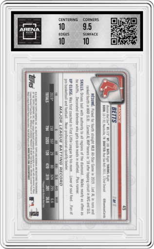 Mookie Betts from the 2020 Bowman set graded by Arena Club and given an overall grade of 10.