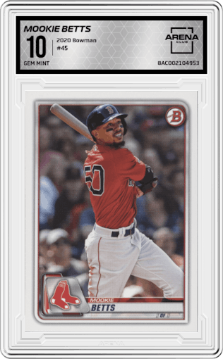 Mookie Betts from the 2020 Bowman set graded by Arena Club and given an overall grade of 10.