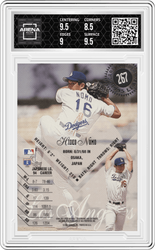 Hideo Nomo from the 1995 Leaf set graded by Arena Club and given an overall grade of 9.