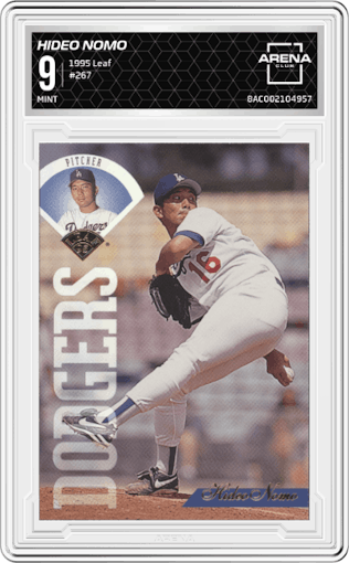 Hideo Nomo from the 1995 Leaf set graded by Arena Club and given an overall grade of 9.