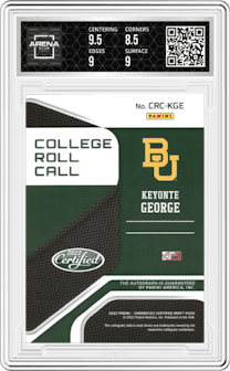 Keyonte George from the 2022-23 Panini Chronicles Draft Picks set featuring a Purple parallel graded by Arena Club and given an overall grade of 9.