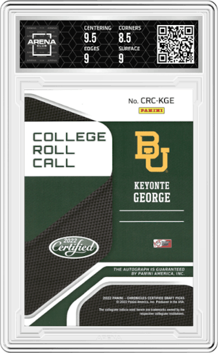 Keyonte George from the 2022-23 Panini Chronicles Draft Picks set featuring a Purple parallel graded by Arena Club and given an overall grade of 9.