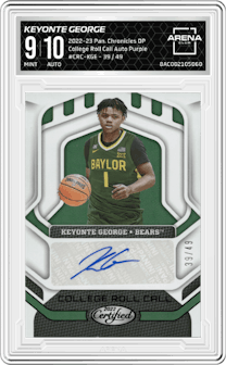 Keyonte George from the 2022-23 Panini Chronicles Draft Picks set featuring a Purple parallel graded by Arena Club and given an overall grade of 9.