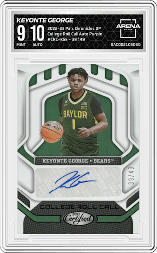 Keyonte George from the 2022-23 Panini Chronicles Draft Picks set featuring a Purple parallel graded by Arena Club and given an overall grade of 9.
