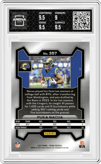 Puka Nacua from the 2023 Panini Prizm set graded by Arena Club and given an overall grade of 9.5.
