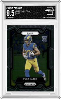 Puka Nacua from the 2023 Panini Prizm set graded by Arena Club and given an overall grade of 9.5.