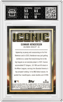 Gunnar Henderson from the 2023 Bowman Chrome Mega Box set graded by Arena Club and given an overall grade of 9.