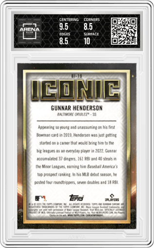 Gunnar Henderson from the 2023 Bowman Chrome Mega Box set graded by Arena Club and given an overall grade of 9.