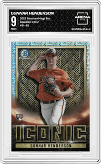Gunnar Henderson from the 2023 Bowman Chrome Mega Box set graded by Arena Club and given an overall grade of 9.