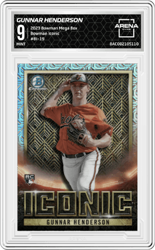 Gunnar Henderson from the 2023 Bowman Chrome Mega Box set graded by Arena Club and given an overall grade of 9.