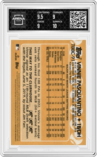 Vinnie Pasquantino from the 2023 Topps Silver Pack set graded by Arena Club and given an overall grade of 9.5.