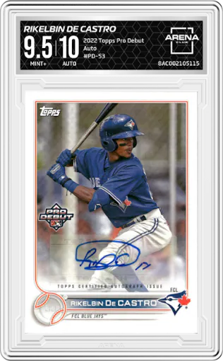 Rikelbin De Castro from the 2022 Topps Pro Debut set graded by Arena Club and given an overall grade of 9.5.