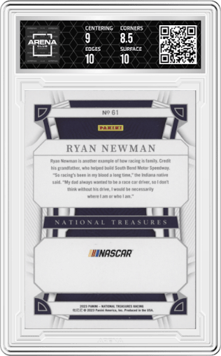 Ryan Newman from the 2023 Panini National Treasures set featuring a Holo Gold parallel graded by Arena Club and given an overall grade of 9.