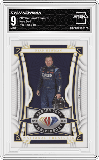 Ryan Newman from the 2023 Panini National Treasures set featuring a Holo Gold parallel graded by Arena Club and given an overall grade of 9.