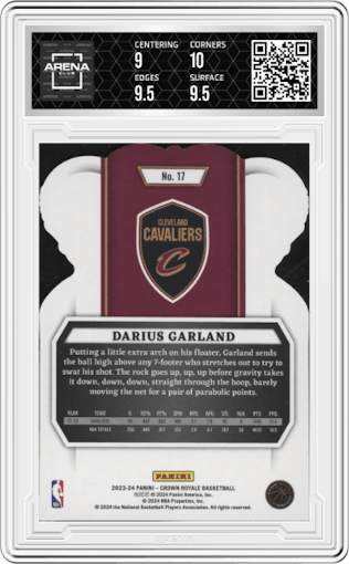 Darius Garland from the 2023-24 Panini Crown Royale  set featuring a Crystal parallel graded by Arena Club and given an overall grade of 9.5.