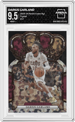 Darius Garland from the 2023-24 Panini Crown Royale  set featuring a Crystal parallel graded by Arena Club and given an overall grade of 9.5.
