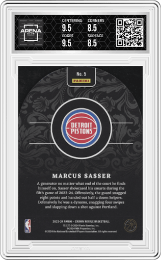 Marcus Sasser  from the 2023-24 Panini Crown Royale  set graded by Arena Club and given an overall grade of 9.