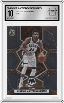 Giannis Antetokounmpo from the 2021-22 Panini Mosaic  set graded by Arena Club and given an overall grade of 10.