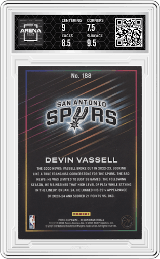 Devin Vassell from the 2023-24 Panini Recon set featuring a Red Holo parallel graded by Arena Club and given an overall grade of 8.
