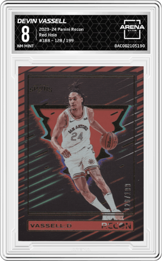Devin Vassell from the 2023-24 Panini Recon set featuring a Red Holo parallel graded by Arena Club and given an overall grade of 8.