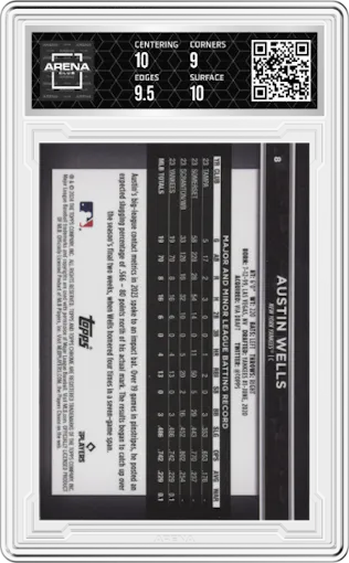 Austin Wells from the  2024 Topps Chrome Black set graded by Arena Club and given an overall grade of 9.5.