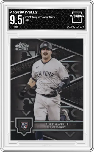 Austin Wells from the  2024 Topps Chrome Black set graded by Arena Club and given an overall grade of 9.5.