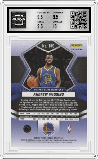 Andrew Wiggins from the 2021-22 Panini Mosaic  set featuring a Red Mosaic parallel graded by Arena Club and given an overall grade of 10.