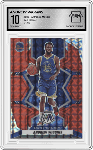 Andrew Wiggins from the 2021-22 Panini Mosaic  set featuring a Red Mosaic parallel graded by Arena Club and given an overall grade of 10.