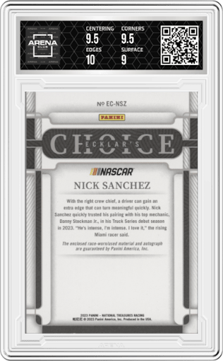 Nick Sanchez from the 2023 Panini National Treasures set featuring a Green parallel graded by Arena Club and given an overall grade of 9.5.