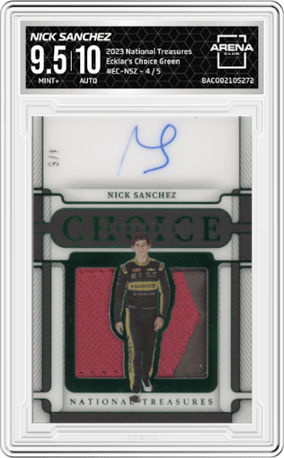 Nick Sanchez from the 2023 Panini National Treasures set featuring a Green parallel graded by Arena Club and given an overall grade of 9.5.
