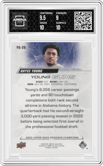 Bryce Young from the 2023 Upper Deck Goodwin Champions set graded by Arena Club and given an overall grade of 9.5.