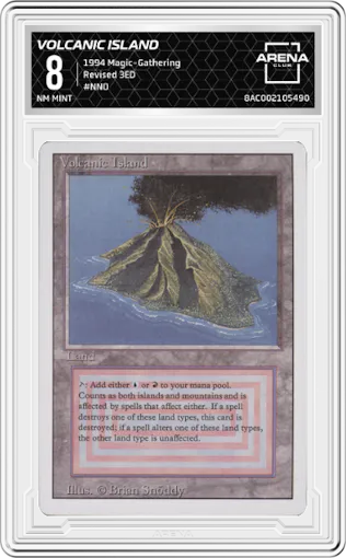 Volcanic Island from the 1994 Magic-Gathering set graded by Arena Club and given an overall grade of 8.