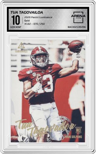 Tua Tagovailoa from the 2020 Panini Luminance set featuring a Gold parallel graded by Arena Club and given an overall grade of 10.