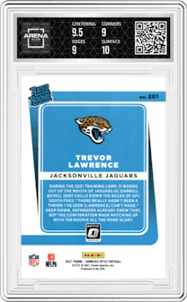 Trevor Lawrence from the 2021 Panini Donruss Optic set graded by Arena Club and given an overall grade of 9.5.