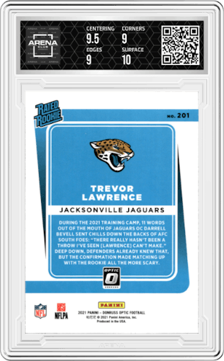 Trevor Lawrence from the 2021 Panini Donruss Optic set graded by Arena Club and given an overall grade of 9.5.