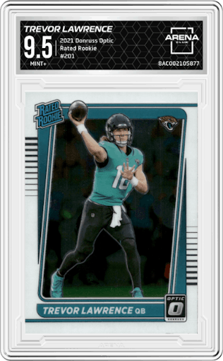 Trevor Lawrence from the 2021 Panini Donruss Optic set graded by Arena Club and given an overall grade of 9.5.