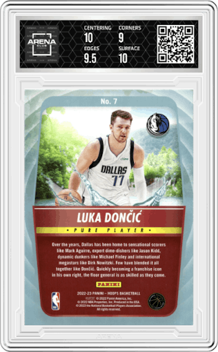 Luka Doncic from the 2022-23 Panini NBA Hoops set graded by Arena Club and given an overall grade of 9.5.