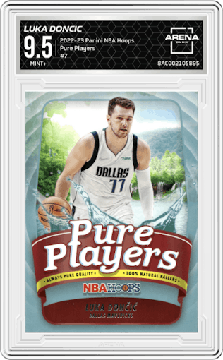 Luka Doncic from the 2022-23 Panini NBA Hoops set graded by Arena Club and given an overall grade of 9.5.