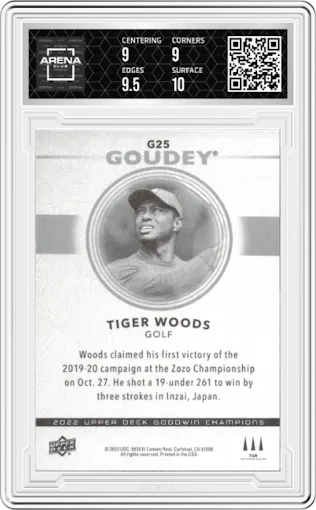 Tiger Woods from the 2022 UD Goodwin Champions set graded by Arena Club and given an overall grade of 9.5.