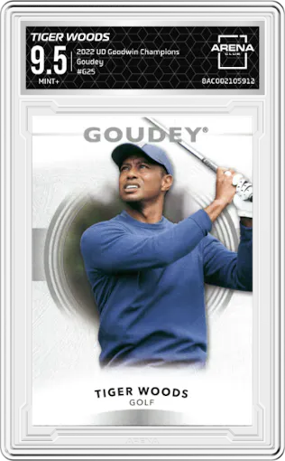 Tiger Woods from the 2022 UD Goodwin Champions set graded by Arena Club and given an overall grade of 9.5.