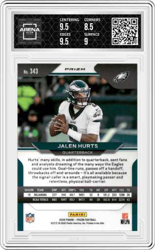 Jalen Hurts from the 2020 Panini Prizm set featuring a Disco parallel graded by Arena Club and given an overall grade of 9.