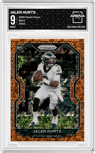 Jalen Hurts from the 2020 Panini Prizm set featuring a Disco parallel graded by Arena Club and given an overall grade of 9.