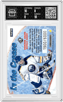Dominik Hasek from the 1996-97 Pinnacle Summit  set graded by Arena Club and given an overall grade of 8.5.