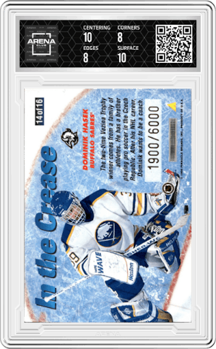 Dominik Hasek from the 1996-97 Pinnacle Summit  set graded by Arena Club and given an overall grade of 8.5.