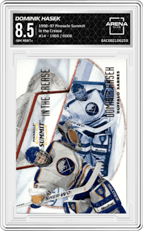 Dominik Hasek from the 1996-97 Pinnacle Summit  set graded by Arena Club and given an overall grade of 8.5.