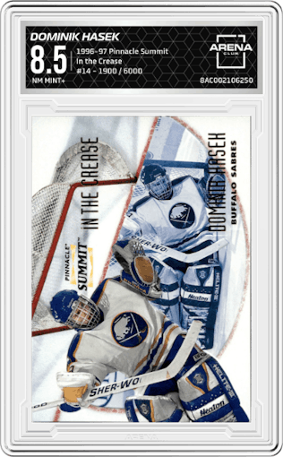 Dominik Hasek from the 1996-97 Pinnacle Summit  set graded by Arena Club and given an overall grade of 8.5.