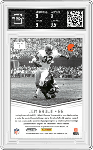 Jim Brown from the 2012 Panini Prizm set featuring a Prizm parallel graded by Arena Club and given an overall grade of 9.