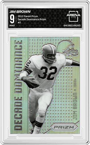 Jim Brown from the 2012 Panini Prizm set featuring a Prizm parallel graded by Arena Club and given an overall grade of 9.
