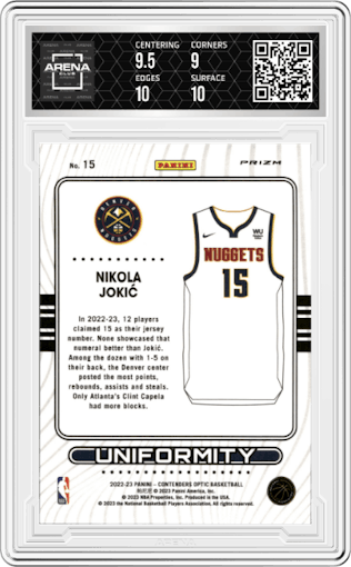 Nikola Jokic from the 2022-23 Panini Contenders Optic set featuring a Red Wave parallel graded by Arena Club and given an overall grade of 9.5.