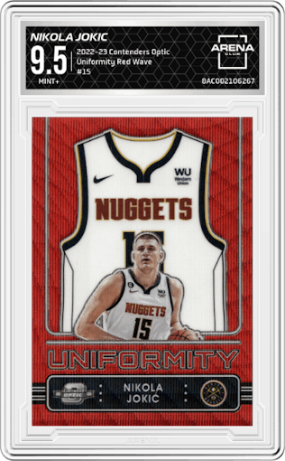 Nikola Jokic from the 2022-23 Panini Contenders Optic set featuring a Red Wave parallel graded by Arena Club and given an overall grade of 9.5.